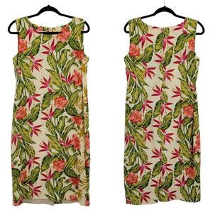 Vtg 70's Leslie Fay Dress Tropical Midi Sheath Coconut Girl Pink Lily Yellow 10P
